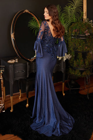 WDBY Beauty Metallic Navy Lace VNeck Bell Sleeve Fitted Gown