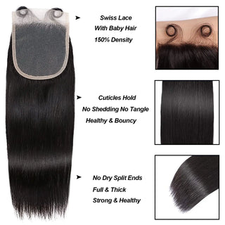 Straight Human Hair Bundles with Frontal Closure 100% Virgin Hair 3 Bundles with 13x4 Lace Frontal Bundles with 4x4 Lace Closure