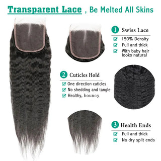 Kinky Straight Bundles With Closure Free Part Brazilian Coarse Yaki Human Hair Weave Bundles With HD Transparent Lace Frontal