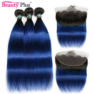 Blue Bundles With Closure Ombre Straight 3 Bundles With Lace Frontal Ear To Ear Dark Black Roots Remy Brazilian Human Hair Pack