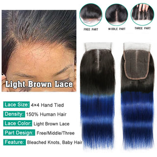 Blue Bundles With Closure Ombre Straight 3 Bundles With Lace Frontal Ear To Ear Dark Black Roots Remy Brazilian Human Hair Pack