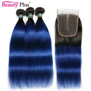 Blue Bundles With Closure Ombre Straight 3 Bundles With Lace Frontal Ear To Ear Dark Black Roots Remy Brazilian Human Hair Pack
