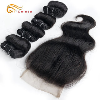 Loose Wave Bundles With Closure Short Human Hair Extension Indian Hair 4 Bundles With Closure 4*4 Lace Closure For Women