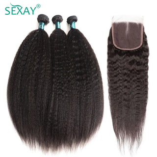 Kinky Straight Bundles With Closure Free Part Brazilian Coarse Yaki Human Hair Weave Bundles With HD Transparent Lace Frontal