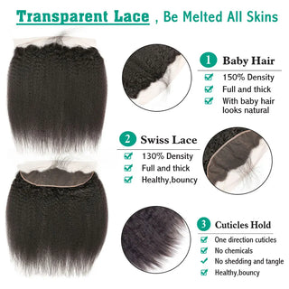 Kinky Straight Bundles With Closure Free Part Brazilian Coarse Yaki Human Hair Weave Bundles With HD Transparent Lace Frontal