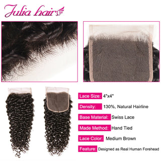 Julia Hair Curly Weave Human Hair 3 Bundles With Closure 4PCS Brazilian Hair Weave Bundles with Lace Closure Curly Hair Products
