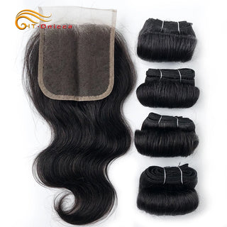 Loose Wave Bundles With Closure Short Human Hair Extension Indian Hair 4 Bundles With Closure 4*4 Lace Closure For Women