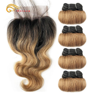Loose Wave Bundles With Closure Short Human Hair Extension Indian Hair 4 Bundles With Closure 4*4 Lace Closure For Women