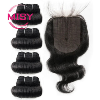 Short Curly Human Hair Bundles With Closure Brazilian Natural Hair Bundles With Closure 4x1 T Part Closure Non-Remy Human Hair
