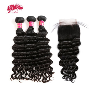 Ali Queen Hair Natural Wave Brazilian Human Hair Bundles With Closure Pre Plucked Hairline Bundles With Lace Closure Remy Hair