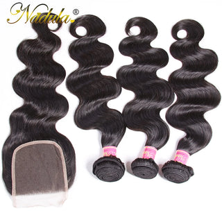 Nadula Hair 3/4 Bundles With Closure Brazilian Body Wave With Closure 4*4 Swiss Lace Closure 100% Remy Human Hair Natural Color