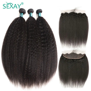 Kinky Straight Bundles With Closure Free Part Brazilian Coarse Yaki Human Hair Weave Bundles With HD Transparent Lace Frontal