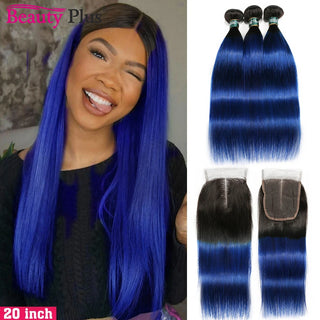 Blue Bundles With Closure Ombre Straight 3 Bundles With Lace Frontal Ear To Ear Dark Black Roots Remy Brazilian Human Hair Pack