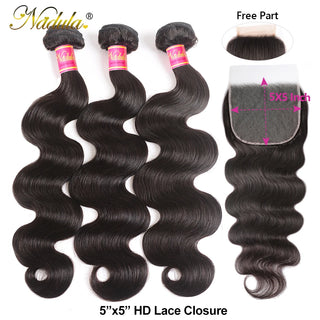 Nadula Hair 3/4 Bundles With Closure Brazilian Body Wave With Closure 4*4 Swiss Lace Closure 100% Remy Human Hair Natural Color