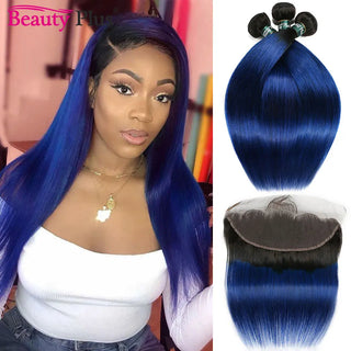 Blue Bundles With Closure Ombre Straight 3 Bundles With Lace Frontal Ear To Ear Dark Black Roots Remy Brazilian Human Hair Pack