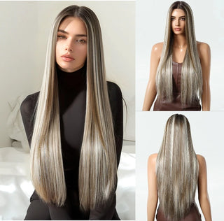 WDBY Beauty 13x6 HD Lace Front Straight Wig – Long Brown & Platinum Highlight Synthetic Wig