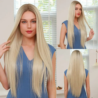 WDBY Beauty 13x6 HD Lace Front Straight Wig – Long Brown & Platinum Highlight Synthetic Wig