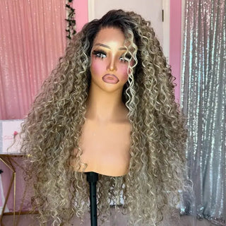 Glueless Wig High Quality Wigs Long Deep Curly Wave Wig Ombre Ash Blonde HD Wig Soft Natural Synthetic Lace Front Wig For Women