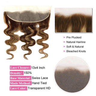 Highlight Bundles With Closure Frontal Brazilian Body Wave Ombre Blonde Human Hair Tissage Bundle With 13x4 Frontal P4/27 Color