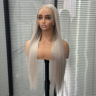 WDBY Beauty 13x4 Ash Blonde Highlight Lace Front Wig – Straight Glueless Synthetic Wig with Dark Roots