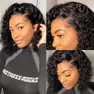 Curly Pixie Cut Lace Front Wig Brazilian Virgin Human Hair styled on a model showcasing defined curls and a natural look.