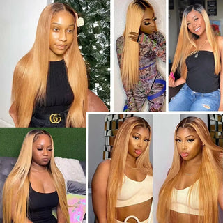 1B/27 Honey Blonde Human Hair Bundles With Closure Brazilian Straight Bundles With Closure 3/4 Human Hair Weave Extensions
