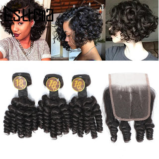 Brazilian Bouncy Curly Hair With Closure Human Hair 3 Bundles With 4×4 Closure Natural Color Funmi Hair Bundles With Closure
