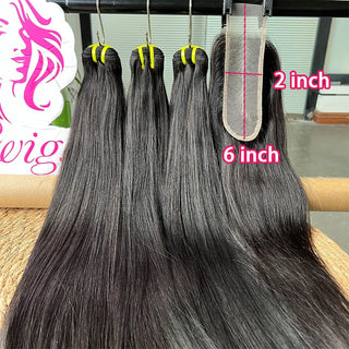Bone Straight 100% Raw Virgin Vietnamese Human Hair Premium Bundles with 2x6 Transparent Lace Closure Natural Black