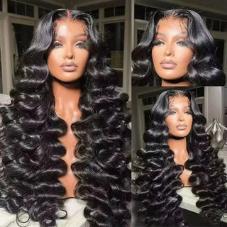 13X4X1 HD Lace Front Wig Synthetic Loose Deep Wave Prepluck Hairline Glueless Wigs Black Color Daily Party Wedding Soft Hair