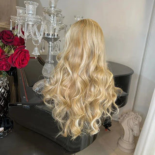 WDBY Beauty Sunshine Gold Blonde Lace Front Wig – Layered Synthetic Wig with Dark Roots