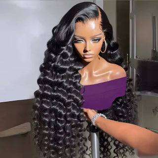 13X4X1 HD Lace Front Wig Synthetic Loose Deep Wave Prepluck Hairline Glueless Wigs Black Color Daily Party Wedding Soft Hair