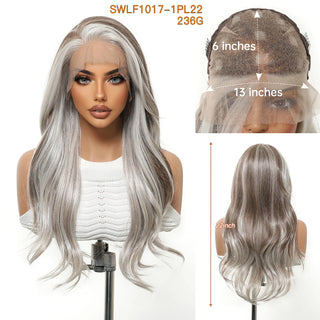 Wdbybeauty Brown Silver Gray Ombre Middle Part Long Curly Lace Front Synthetic Wavy Wig for Women Heat Resistant Lace Frontal Wigs Daily