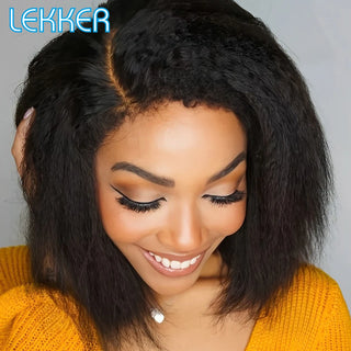 Lekker Glueless Kinky Straight Bob Part Lace 100% Human Hair Wigs For Women Brazilian Remy Hair Natural Dark Wear to go Yaki Wig
