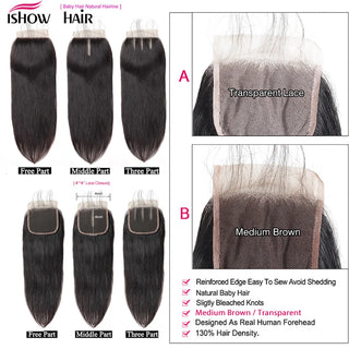 Ishow Straight Hair Bundles with Closure Transparent Lace Closure with Bundles Brazilian Human Hair Weave Bundles with Closure