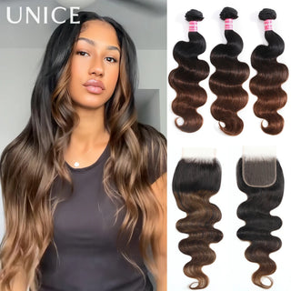 UNice Body Wave Bundles With Clousre 100% Human Hair Bundles 2/3/4 PCS With 1PC 4x4 Lace Closure Can Make 300% Density Wigs