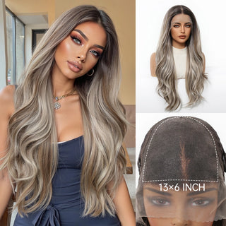 Wdbybeauty Brown Silver Gray Ombre Middle Part Long Curly Lace Front Synthetic Wavy Wig for Women Heat Resistant Lace Frontal Wigs Daily