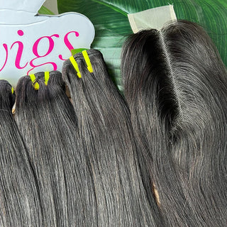 Bone Straight 100% Raw Virgin Vietnamese Human Hair Premium Bundles with 2x6 Transparent Lace Closure Natural Black