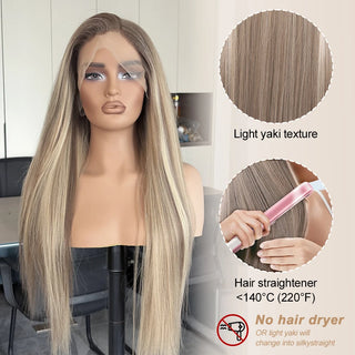WDBY Beauty 13x4 Ash Blonde Highlight Lace Front Wig – Straight Glueless Synthetic Wig with Dark Roots