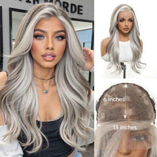 Wdbybeauty Brown Silver Gray Ombre Middle Part Long Curly Lace Front Synthetic Wavy Wig for Women Heat Resistant Lace Frontal Wigs Daily
