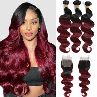 Human Hair Bundles With Closure 1B/Burgundy Brazilian Body Wave Weave Bundles 100% Human Hair Extensions Lace Frontal Clearance