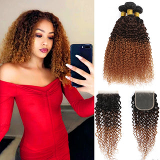 100% Burmese Curly Hair With Lace Closure Ombre Kinky Curly Human Hair 2/3/4 Bundles With HD Closure Deep Wave Hair With Closure