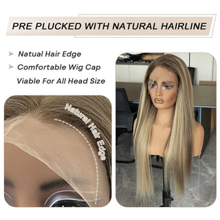 WDBY Beauty 13x4 Ash Blonde Highlight Lace Front Wig – Straight Glueless Synthetic Wig with Dark Roots