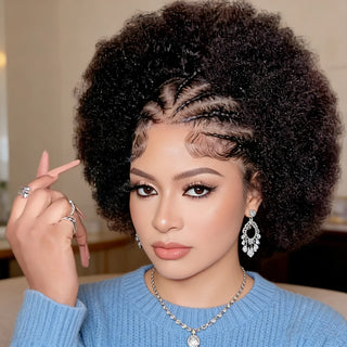 13x4 Lace Front Braided Wigs Human Hair, Pre Braided Afro Kinky Curly Wigs Afro Puff Design for Women