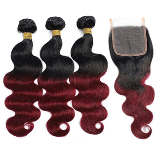 Human Hair Bundles With Closure 1B/Burgundy Brazilian Body Wave Weave Bundles 100% Human Hair Extensions Lace Frontal Clearance