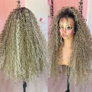 Glueless Wig High Quality Wigs Long Deep Curly Wave Wig Ombre Ash Blonde HD Wig Soft Natural Synthetic Lace Front Wig For Women