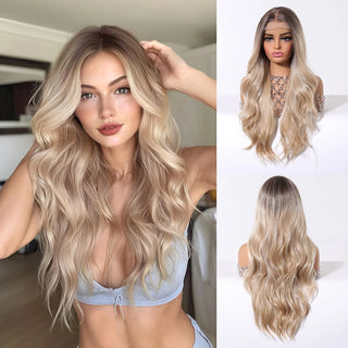Wdbybeauty Brown Silver Gray Ombre Middle Part Long Curly Lace Front Synthetic Wavy Wig for Women Heat Resistant Lace Frontal Wigs Daily