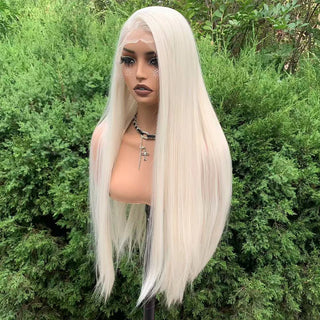 WDBY Beauty 13x6 Glueless Lace Front Wig – Long Straight White Blonde Synthetic Wig (26 Inch, Free Part)