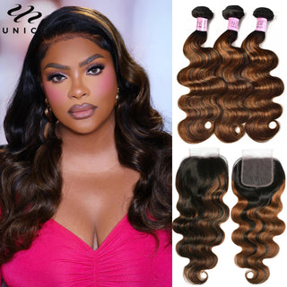 UNice Body Wave Bundles With Clousre 100% Human Hair Bundles 2/3/4 PCS With 1PC 4x4 Lace Closure Can Make 300% Density Wigs