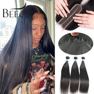 2x6 Real HD Lace Closure With 30 32 Inch Human Hair Bundles With 2x6 HD Lace Frontal Closure Straight Brazilian Weave 3 Bundles