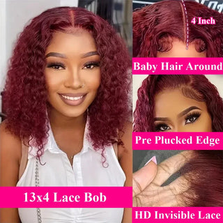 WDBY Beauty – 99J Burgundy Kinky Curly Bob Wig (13x4 Lace Frontal, Pre‑Plucked Deep Wave Human Hair